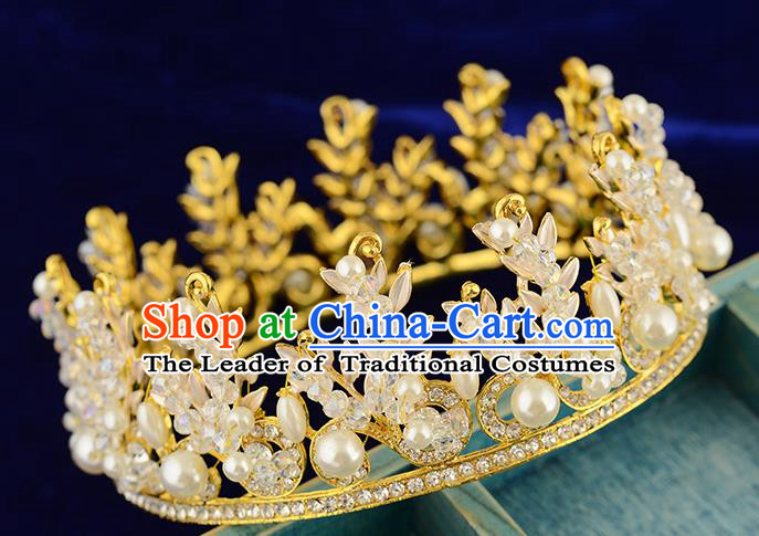 Top Grade Handmade Hair Accessories Baroque Style Wedding Pearls Crystal Golden Royal Crown, Bride Princess Hair Kether Jewellery Round Imperial Crown for Women