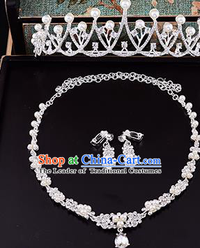 Top Grade Handmade Chinese Classical Jewelry Accessories Queen Wedding Crystal Flower Pearls Royal Crown Necklace and Earrings Bride Headgear for Women