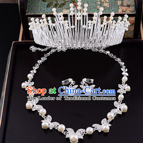 Top Grade Handmade Chinese Classical Jewelry Accessories Queen Wedding Crystal Bowknot Pearls Royal Crown Necklace and Earrings Bride Headgear for Women