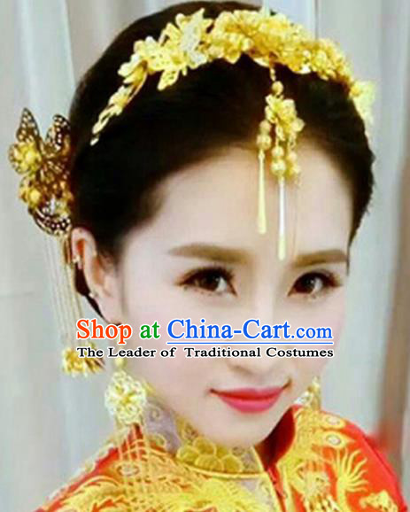 Traditional Handmade Chinese Ancient Wedding Hair Accessories Xiuhe Suit Golden Hairpins Complete Set, Bride Tassel Step Shake Hanfu Hair Sticks Hair Comb for Women