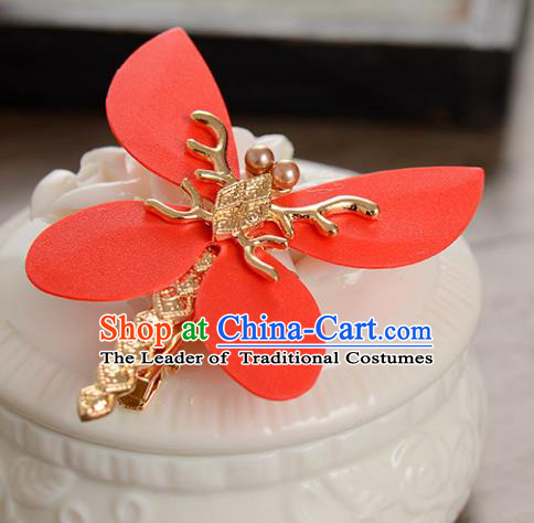 Top Grade Handmade Chinese Classical Hair Accessories Princess Wedding Red Dragonfly Hair Stick Hair Claw Bride Headwear for Women