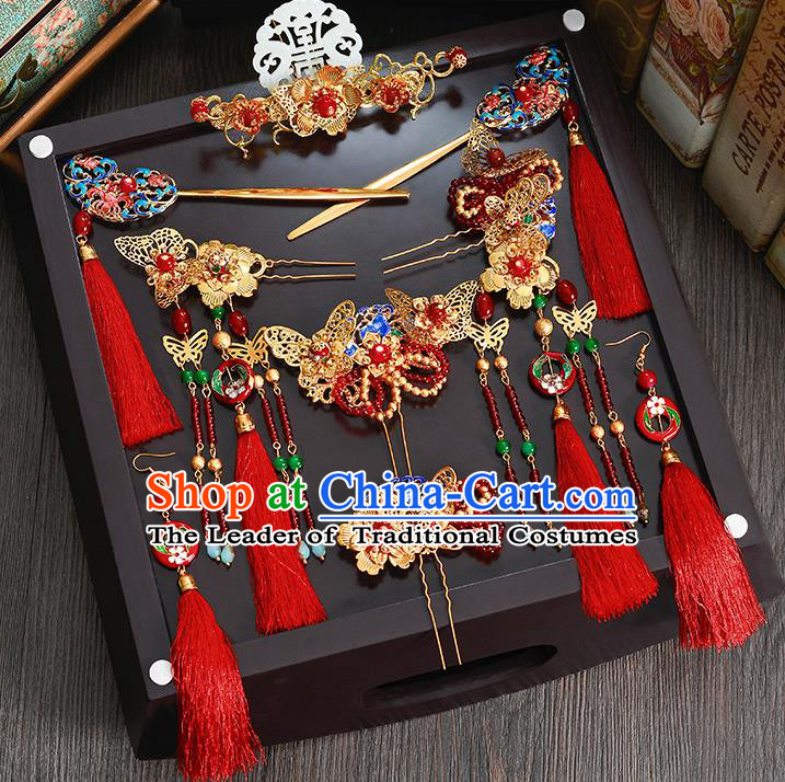 Traditional Handmade Chinese Ancient Wedding Hair Accessories Xiuhe Suit Blueing Phoenix Coronet Complete Set, Bride Step Shake Hanfu Hair Fascinators for Women