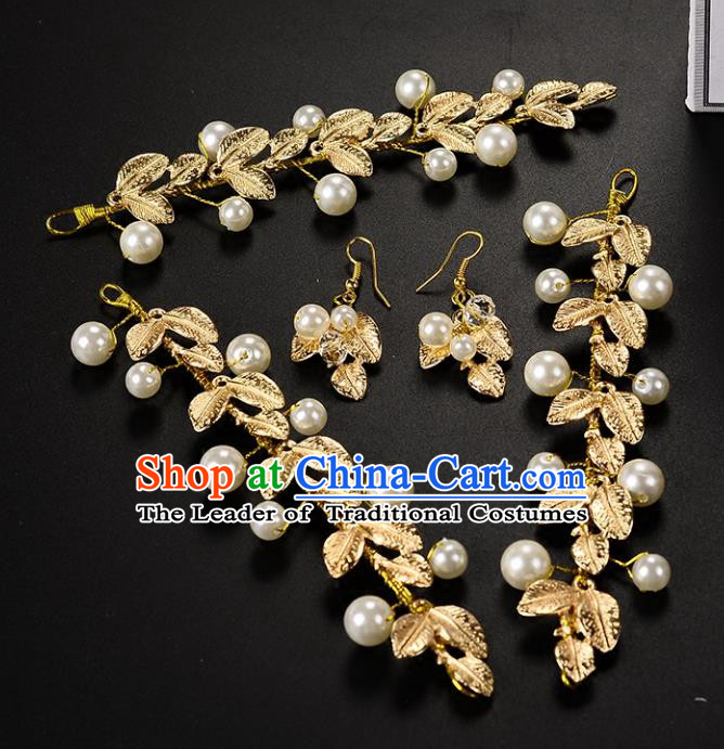 Top Grade Handmade Chinese Classical Hair Accessories Princess Wedding Baroque Pearls Golden Hair Claw Hair Stick Bride Headwear for Women
