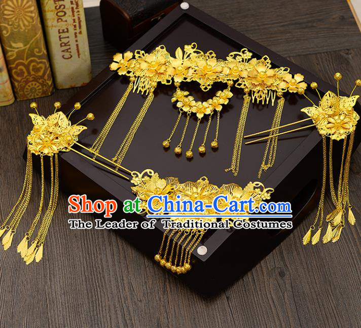 Traditional Handmade Chinese Ancient Costume Wedding Xiuhe Suit Hair Accessories Complete Set Golden Phoenix Coronet, Bride Palace Lady Green Tassel Step Shake Hanfu Hairpins for Women