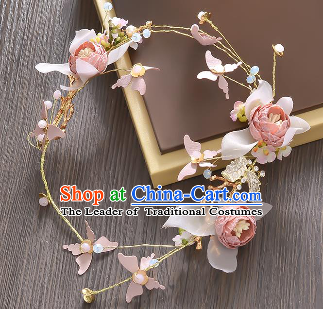 Top Grade Handmade Chinese Classical Hair Accessories Princess Wedding Baroque Pink Flowers Butterfly Garland Hair Clasp Bride Headband for Women