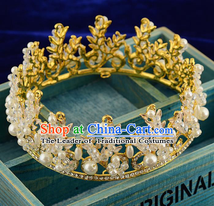 Top Grade Handmade Hair Accessories Baroque Luxury Crystal Pearls Round Royal Crown, Bride Wedding Hair Kether Jewellery Princess Golden Imperial Crown for Women