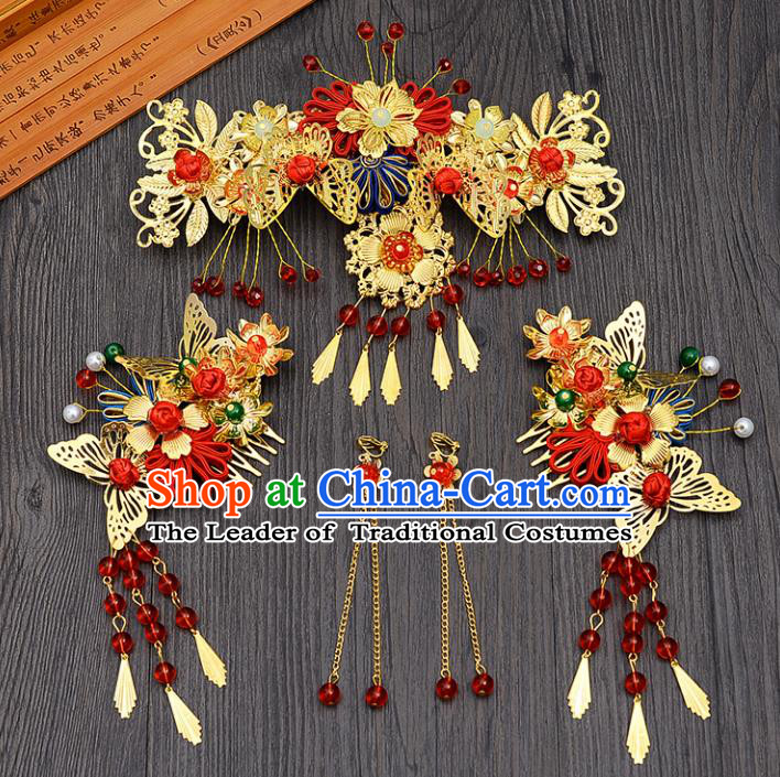 Traditional Handmade Chinese Ancient Costume Wedding Xiuhe Suit Bride Phoenix Coronet Hair Accessories Complete Set, Palace Lady Tassel Step Shake Hanfu Hairpins for Women