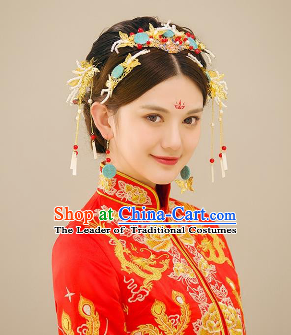 Traditional Handmade Chinese Ancient Wedding Cloisonne Hair Accessories Complete Set Xiuhe Suit Tassel Phoenix Coronet, Bride Palace Lady Step Shake Hanfu Hairpins for Women