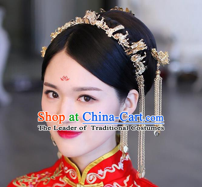 Traditional Handmade Chinese Ancient Wedding Xiuhe Suit Hair Accessories Golden Tassel Hair Clasp Complete Set, Bride Palace Lady Step Shake Hanfu Hairpins for Women
