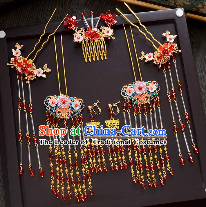 Traditional Handmade Chinese Ancient Wedding Xiuhe Suit Hair Accessories Cheongsam Tassel Hair Comb Complete Set, Bride Palace Lady Step Shake Hanfu Hairpins for Women