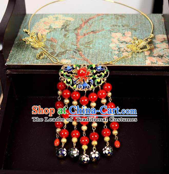 Top Grade Handmade Chinese Classical Jewelry Accessories Wedding Xiuhe Suit Red Beads Tassel Necklace Bride Hanfu Necklet Headgear for Women