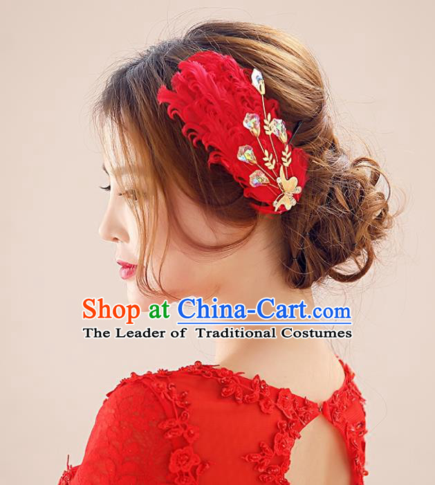 Top Grade Handmade Chinese Classical Hair Accessories Princess Wedding Baroque Headwear Red Feather Headband Hair Stick for Women