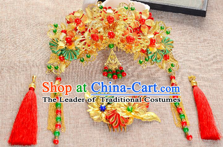Traditional Handmade Chinese Wedding Xiuhe Suit Bride Hair Accessories Complete Set Tassel Hair Comb, Phoenix Coronet Step Shake Hanfu Hairpins for Women