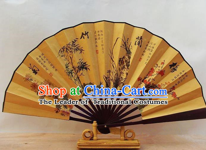Traditional Chinese Crafts Peking Opera Folding Fan China Sensu Printing Plum Blossom Orchid Bamboo and Chrysanthemum Accordion Silk Fan for Men