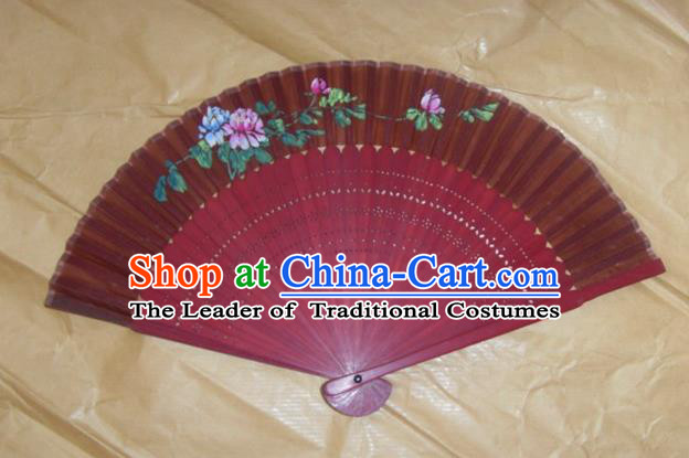 Traditional Chinese Crafts Peking Opera Folding Fan China Sensu Printing Flowers Red Wood Paper Fan