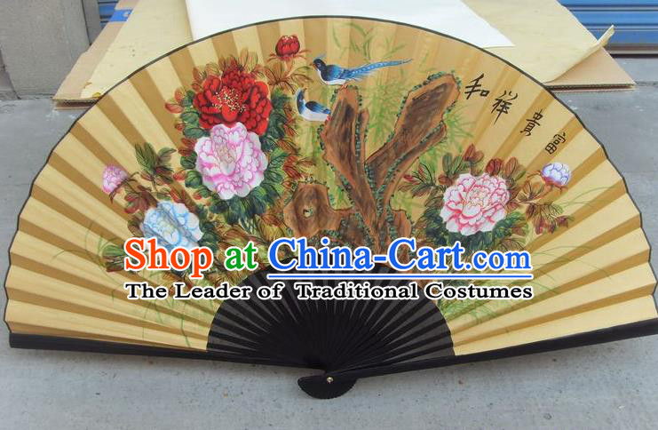 Traditional Chinese Crafts Peking Opera Folding Fan China Sensu Hand Painting Peony Rich Large Xuan Paper Fan