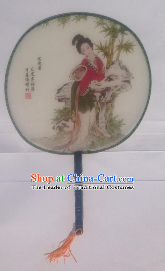 Traditional Chinese Crafts Ancient Palace Lady Dance Round Silk Fan, China Hand Painting Beauty Imperial Concubine Hanfu Circular Fan for Women