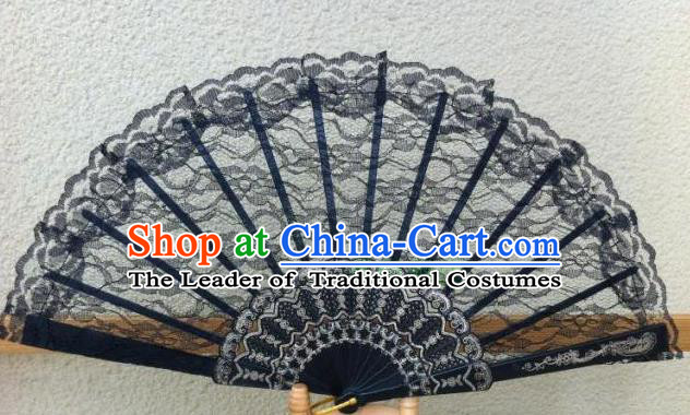 Traditional Chinese Crafts Peking Opera Folding Fan China Sensu Handmade Chinese Dance Black Lace Fan for Women