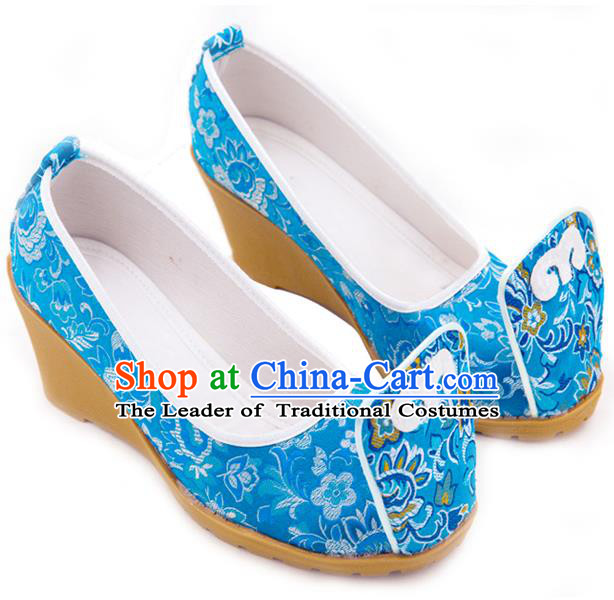 Traditional Chinese Ancient Wedding Cloth Shoes, China Princess Shoes Hanfu Handmade Embroidery Blue Become Warped Head Shoe for Women