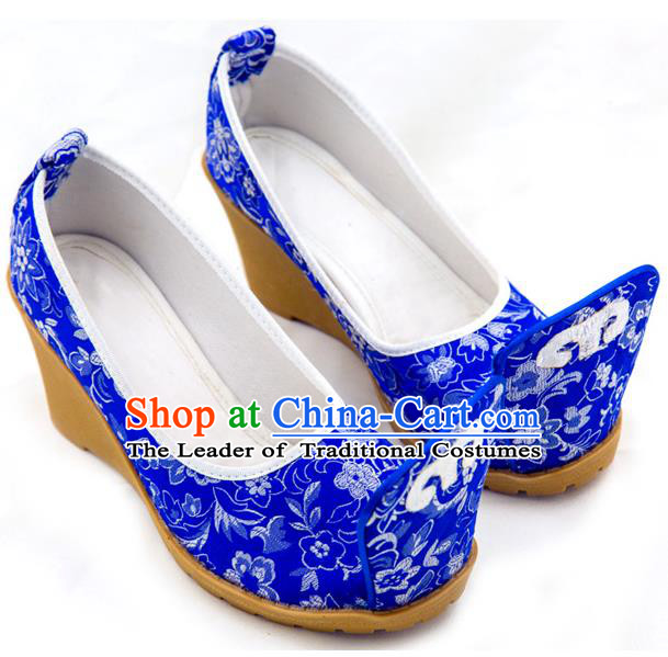 Traditional Chinese Ancient Wedding Cloth Shoes, China Princess Shoes Hanfu Handmade Embroidery Royalblue Become Warped Head Shoe for Women