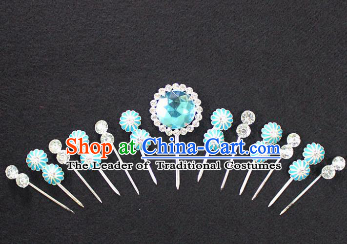 Traditional China Beijing Opera Young Lady Hair Accessories Complete Set, Ancient Chinese Peking Opera Hua Tan Headwear Diva Blue Crystal Hairpins