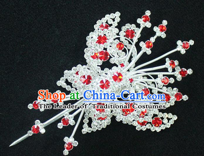 Traditional China Beijing Opera Young Lady Hair Accessories Tassel Step Shake, Ancient Chinese Peking Opera Hua Tan Headwear Diva Red Crystal Empress Butterfly Hairpins