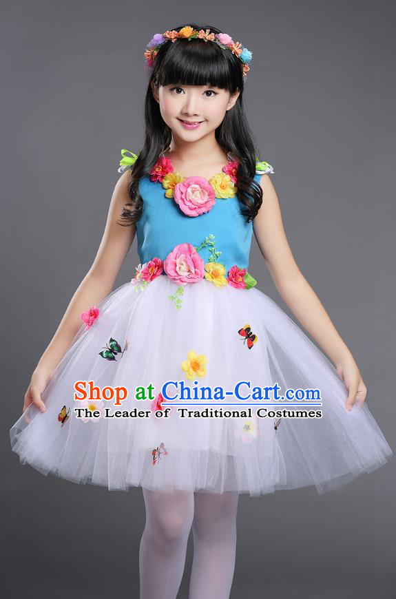 Top Grade Chinese Compere Professional Performance Catwalks Costume, Children Princess Bubble Veil Full Dress Modern Dance Blue Dress for Girls Kids