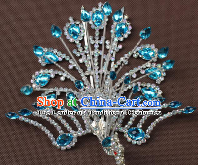 Traditional China Beijing Opera Young Lady Hair Accessories Blue Crystal Phoenix Step Shake, Ancient Chinese Peking Opera Hua Tan Headwear Diva Hairpins