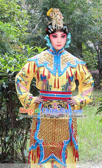 Traditional China Beijing Opera Young Lady Costume Swordplay Yellow Embroidered Robe and Headwear, Ancient Chinese Peking Opera Blues Embroidery Dress Clothing