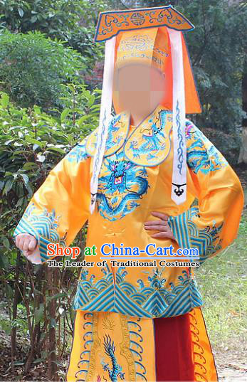 Traditional China Beijing Opera Takefu Costume Imperial Bodyguard Yellow Embroidered Robe and Hat, Ancient Chinese Peking Opera Embroidery Gwanbok Clothing