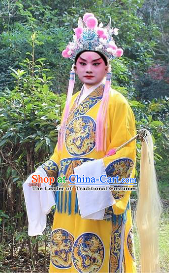 Traditional China Beijing Opera Costume Eunuch Yellow Embroidered Robe and Headwear, Ancient Chinese Peking Opera Embroidery Gwanbok Clothing