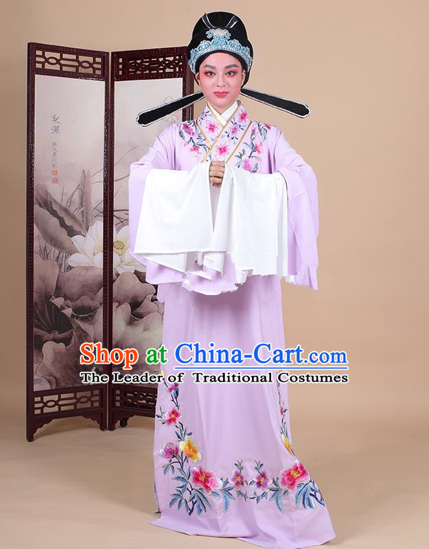 Traditional China Beijing Opera Niche Costume Lang Scholar Embroidered Purple Robe and Headwear, Ancient Chinese Peking Opera Embroidery Clothing