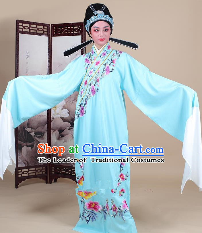 Traditional China Beijing Opera Niche Costume Lang Scholar Embroidered Blue Robe and Headwear, Ancient Chinese Peking Opera Embroidery Clothing