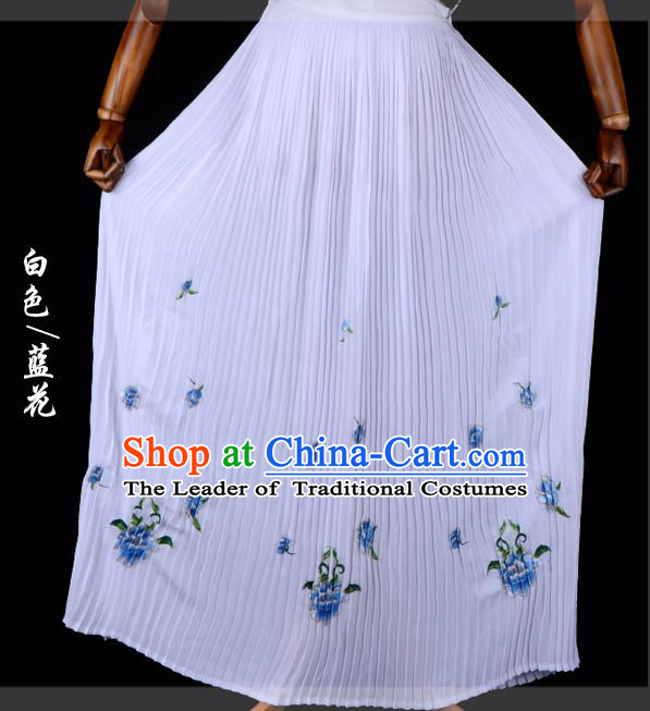 Traditional China Beijing Opera Young Lady Hua Tan Costume Female Embroidered White Pleated Skirt, Ancient Chinese Peking Opera Diva Embroidery Peony Dress Bust Skirt