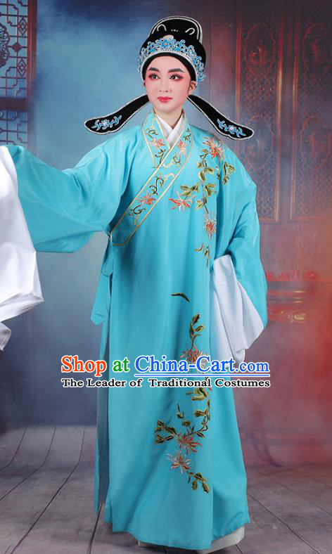 Traditional China Beijing Opera Niche Costume Lang Scholar Embroidered Blue Robe and Headwear, Ancient Chinese Peking Opera Embroidery Chrysanthemum Clothing