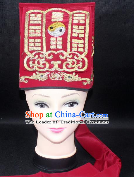 Traditional China Beijing Opera Hair Accessories Lao-Sheng Hat, Ancient Chinese Peking Opera Red Embroidery Gossip Hat
