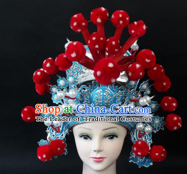 Traditional China Beijing Opera Headpiece General Helmet, Ancient Chinese Peking Opera Takefu Red Venonat Hat Headwear