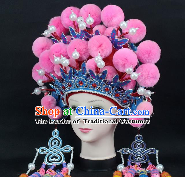 Traditional China Beijing Opera Young Lady Hair Accessories Female General Helmet, Ancient Chinese Peking Opera Swordplay Pink Venonat Headwear