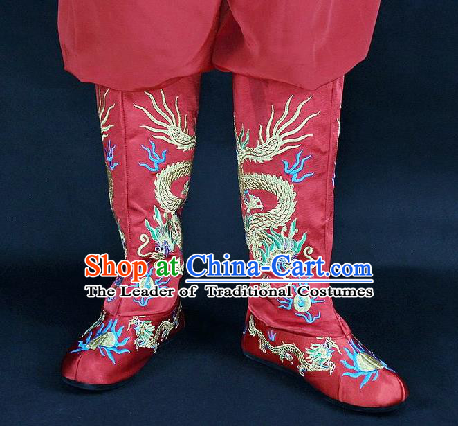 Traditional China Beijing Opera Qing Dynasty Emperor Embroidered Shoes, Ancient Chinese Peking Opera Embroidery Dragons Red Boots