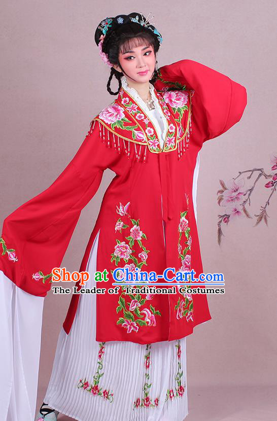 Traditional China Beijing Opera Young Lady Hua Tan Costume Embroidered Red Shawl, Ancient Chinese Peking Opera Diva Embroidery Dress Clothing