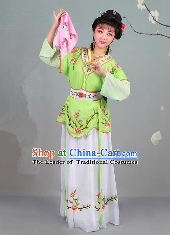 Traditional China Beijing Opera Young Lady Costume Servant Girl Embroidered Green Dress, Ancient Chinese Peking Opera Diva Jordan-Sitting Embroidery Clothing