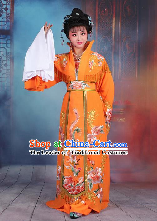 Traditional China Beijing Opera Palace Lady Hua Tan Costume Orange Embroidered Dress, Ancient Chinese Peking Opera Diva Senior Concubine Embroidery Peony Clothing