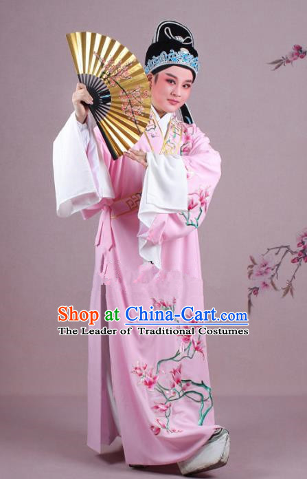 Traditional China Beijing Opera Niche Costume Gifted Scholar Pink Embroidered Robe and Hat, Ancient Chinese Peking Opera Young Men Embroidery Mangnolia Clothing