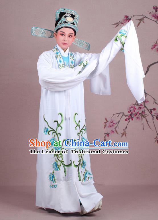 Traditional China Beijing Opera Niche Costume Gifted Scholar White Embroidered Cape and Hat, Ancient Chinese Peking Opera Young Men Embroidery Peony Clothing