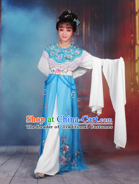 Traditional China Beijing Opera Young Lady Hua Tan Costume Blue Embroidered Dress, Ancient Chinese Peking Opera Diva Senior Concubine Embroidery Peony Clothing