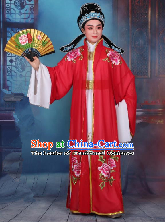 Top Grade Professional Beijing Opera Niche Costume Scholar Red Embroidered Cape, Traditional Ancient Chinese Peking Opera Embroidery Young Men Clothing