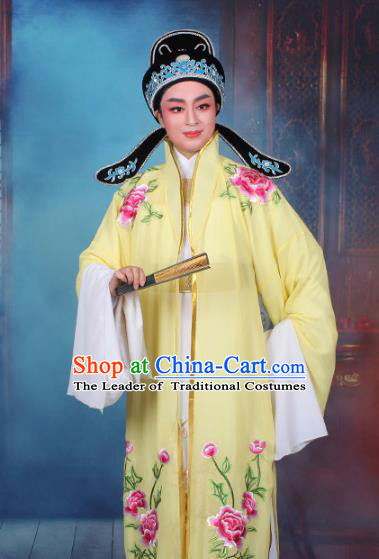 Top Grade Professional Beijing Opera Niche Costume Scholar Yellow Embroidered Cape, Traditional Ancient Chinese Peking Opera Embroidery Young Men Clothing