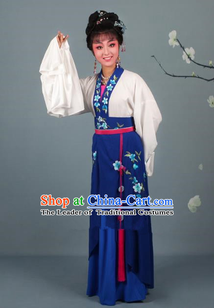 Traditional China Beijing Opera Young Lady Hua Tan Costume Princess Navy Embroidered Dress, Ancient Chinese Peking Opera Diva Embroidery Peach Blossom Clothing