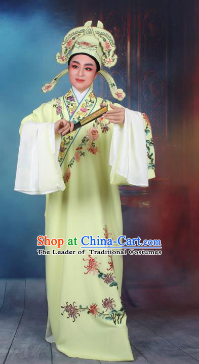 Top Grade Professional Beijing Opera Niche Costume Gifted Scholar Yellow Embroidered Robe, Traditional Ancient Chinese Peking Opera Young Men Embroidery Chrysanthemum Clothing