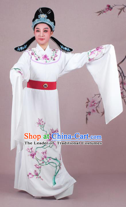 Traditional China Beijing Opera Niche Costume White Embroidered Robe and Headwear, Ancient Chinese Peking Opera Embroidery Mangnolia Lang Scholar Clothing
